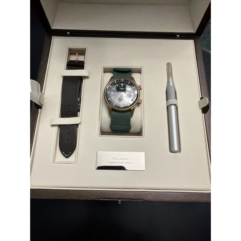Longines Legend Diver Bronze 42mm Auto Green Dial 300m Box Papers Extra Strap